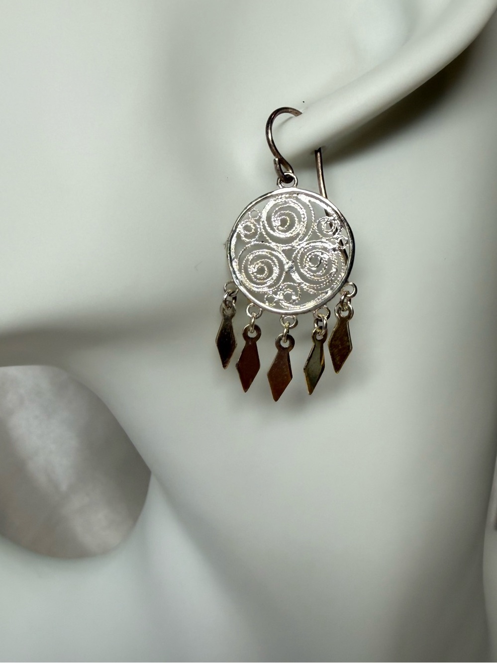 Boho Filigree Silver Tone Dangle Earrings Spiral Disc Festival Statement